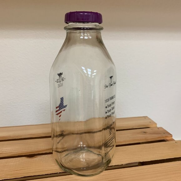 BOTTLE - 32oz 1836 FARMS glass milk bottle purple cap Terrell Texas, FLAG 10" - Picture 4 of 9